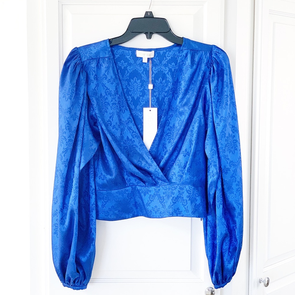 🔵 Ronny Kobo Royal Blue Damask Pattern Satin Eugenia Crop Top Blouse NEW… - Picture 5 of 11